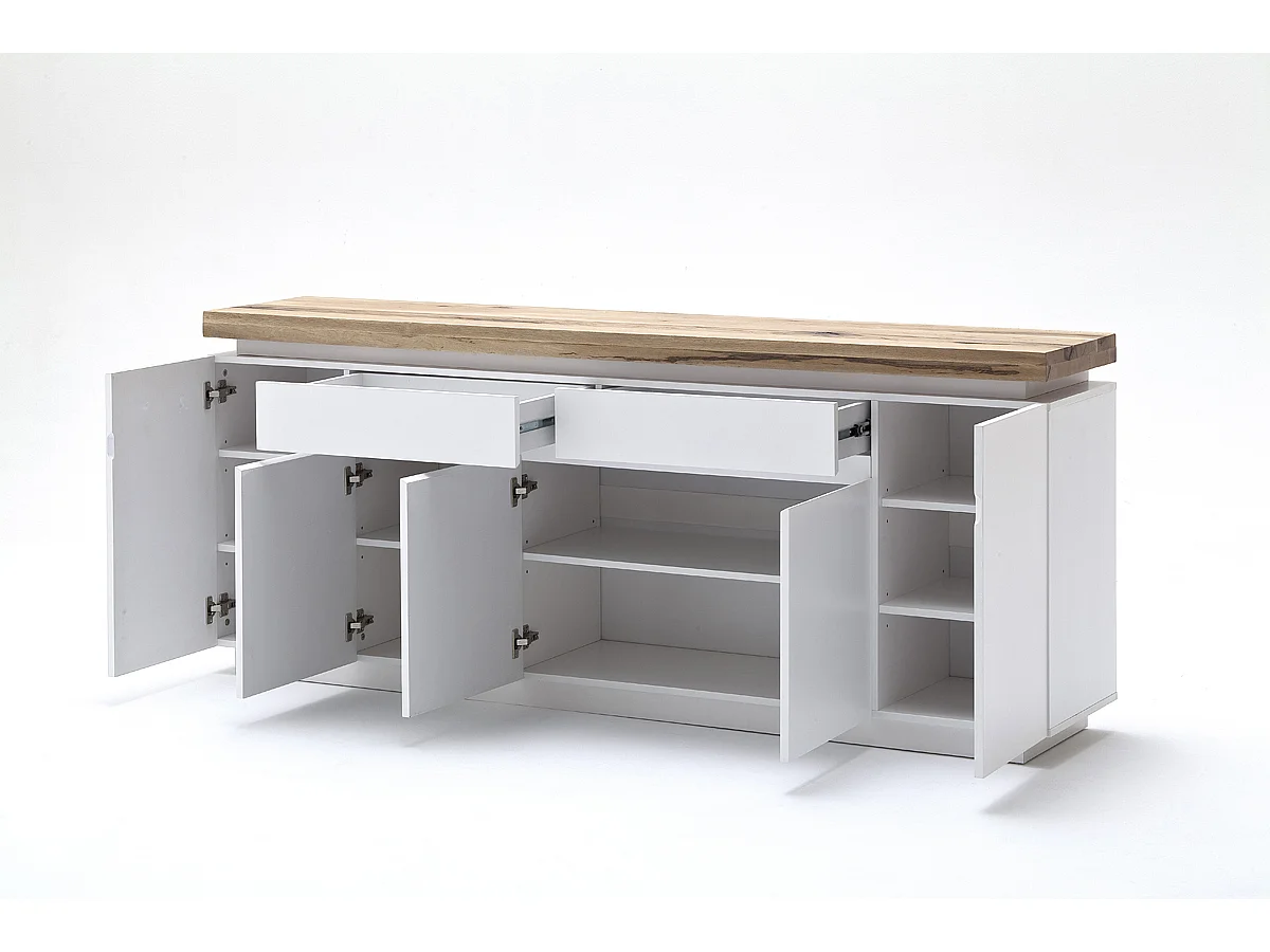 Buffet LED laqué blanc mat avec plateau en chêne noueux huilé - L200 x H81 x P40 cm