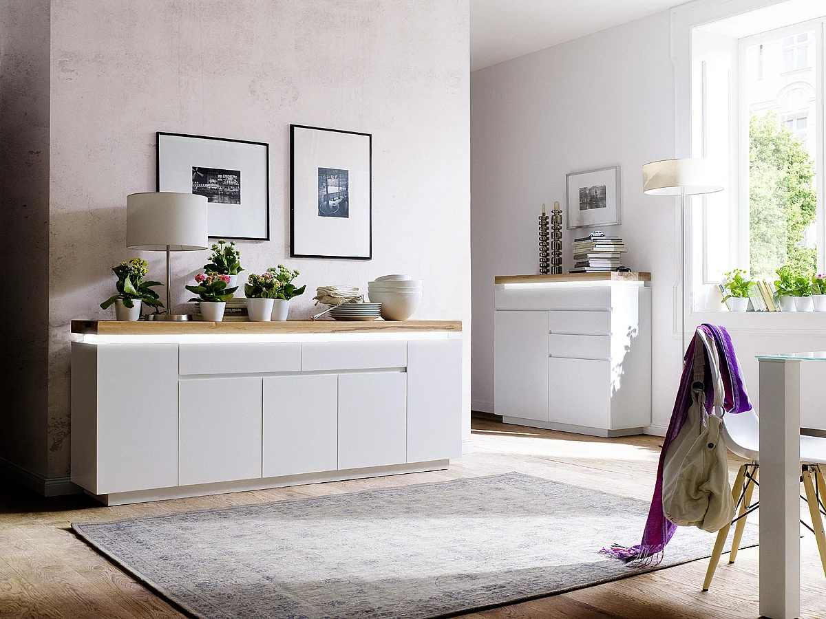 Buffet LED laqué blanc mat avec plateau en chêne noueux huilé - L200 x H81 x P40 cm