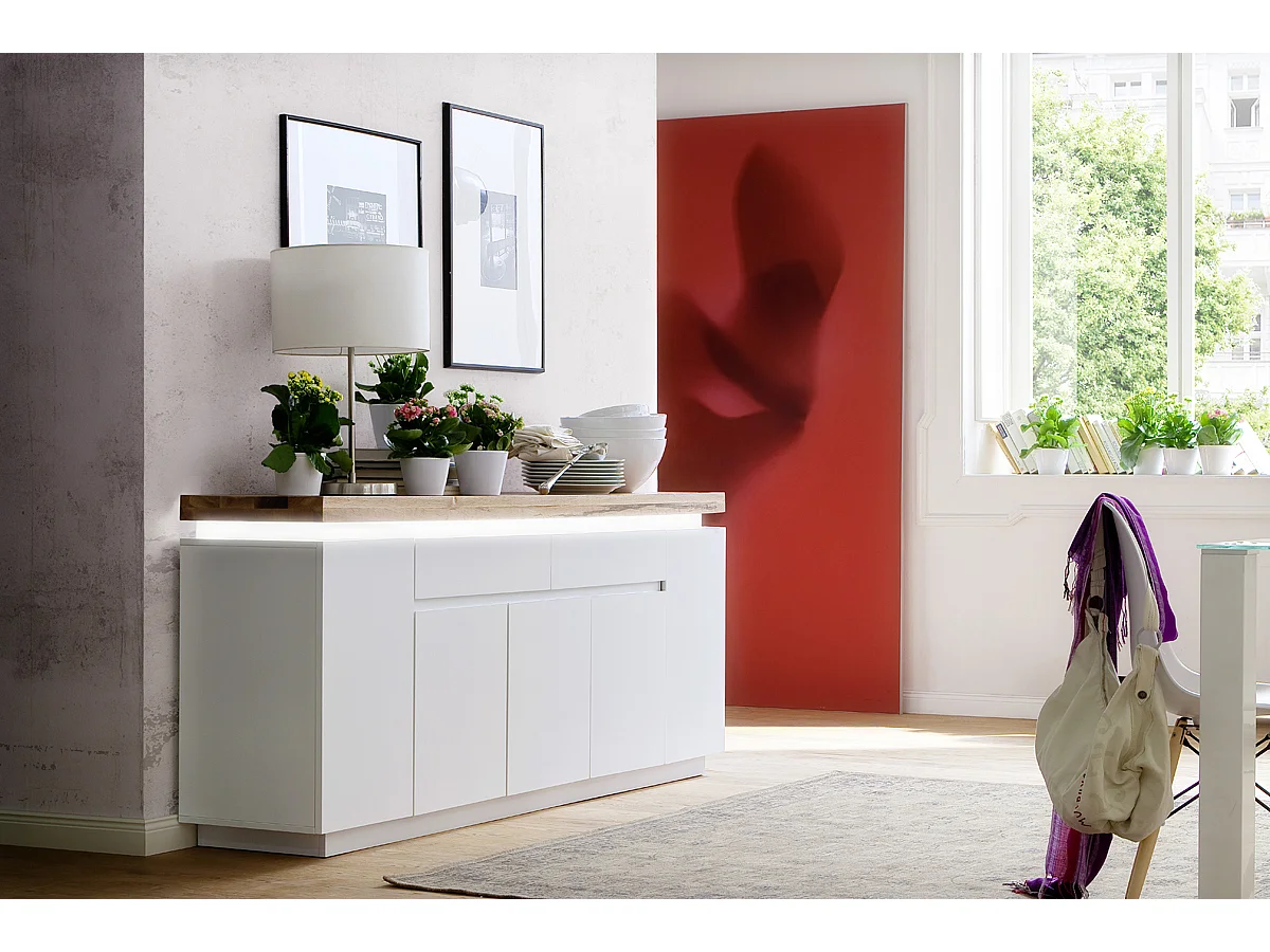 Buffet LED laqué blanc mat avec plateau en chêne noueux huilé - L200 x H81 x P40 cm