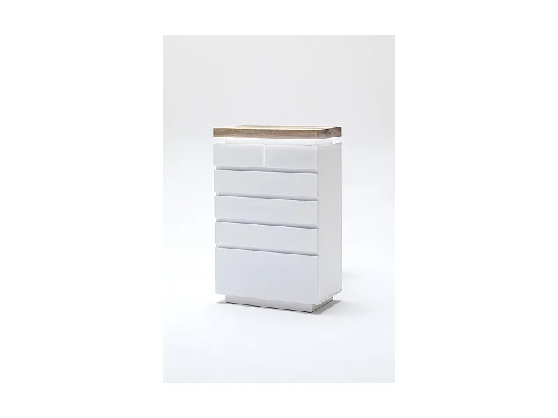 Buffet avec LED coloris laqué blanc mat avec plateau en chêne noueux huilé - L73 x H114 x P40 cm