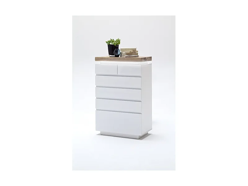 Buffet avec LED coloris laqué blanc mat avec plateau en chêne noueux huilé - L73 x H114 x P40 cm