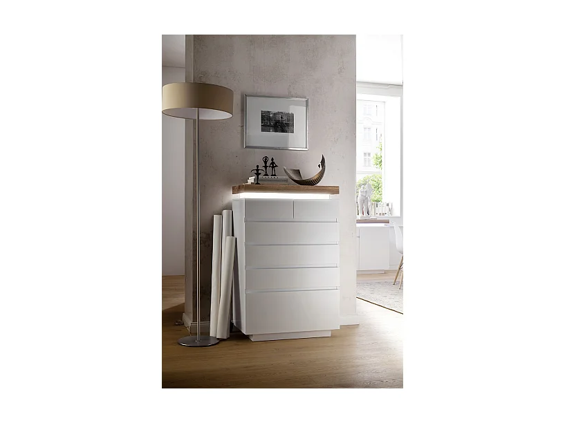 Buffet avec LED coloris laqué blanc mat avec plateau en chêne noueux huilé - L73 x H114 x P40 cm