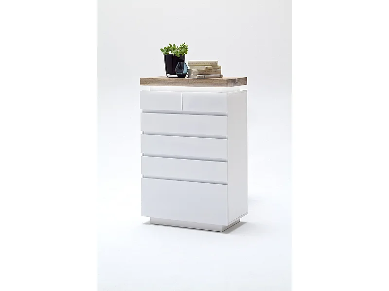 Buffet avec LED coloris laqué blanc mat avec plateau en chêne noueux huilé - L73 x H114 x P40 cm
