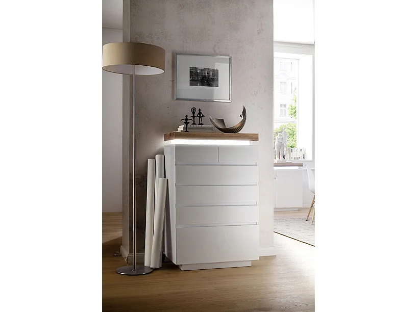 Buffet avec LED coloris laqué blanc mat avec plateau en chêne noueux huilé - L73 x H114 x P40 cm