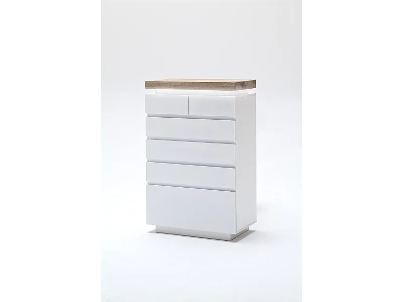 Buffet avec LED coloris laqué blanc mat avec plateau en chêne noueux huilé - L73 x H114 x P40 cm