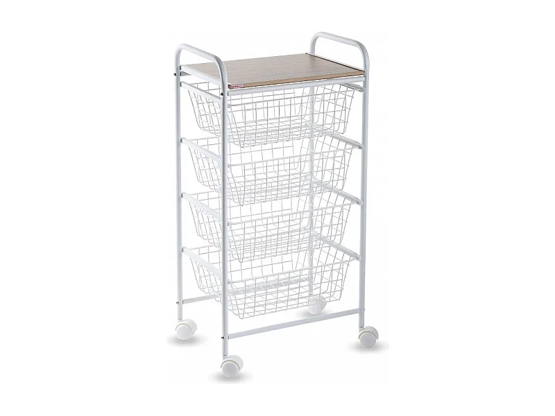 DON HIERRO - Carrito de cocina NORA, 4 cestas de gran capacidad, Encimera color Abedul efecto alistonado-Blanco