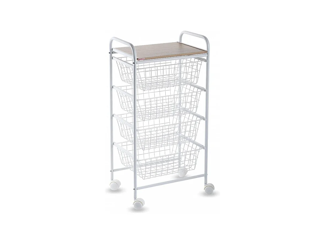 DON HIERRO - Carrito de cocina NORA, 4 cestas de gran capacidad, Encimera color Abedul efecto alistonado-Blanco