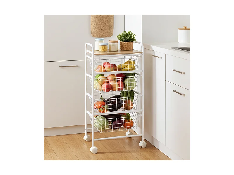 DON HIERRO - Carrito de cocina NORA, 4 cestas de gran capacidad, Encimera color Abedul efecto alistonado-Blanco