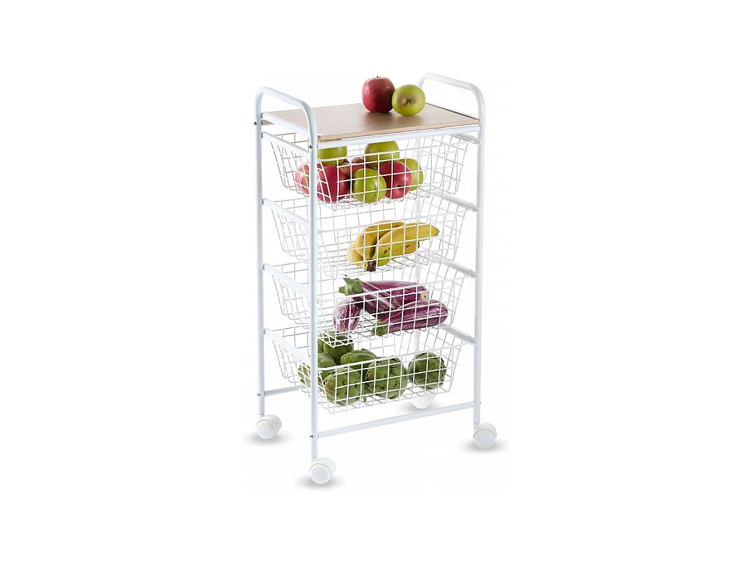 DON HIERRO - Carrito de cocina NORA, 4 cestas de gran capacidad, Encimera color Abedul efecto alistonado-Blanco