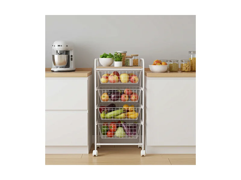 DON HIERRO - Carrito de cocina NORA, 4 cestas de gran capacidad, Encimera color Abedul efecto alistonado-Blanco