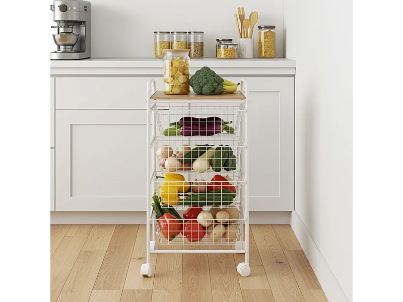DON HIERRO - Carrito de cocina NORA, 4 cestas de gran capacidad, Encimera color Abedul efecto alistonado-Blanco