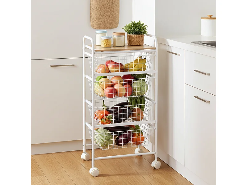 NORA Küchenwagen, 4 Körbe mit großem Fassungsvermögen, birkenfarbige Arbeitsplatte mit Lattenrost-Effekt