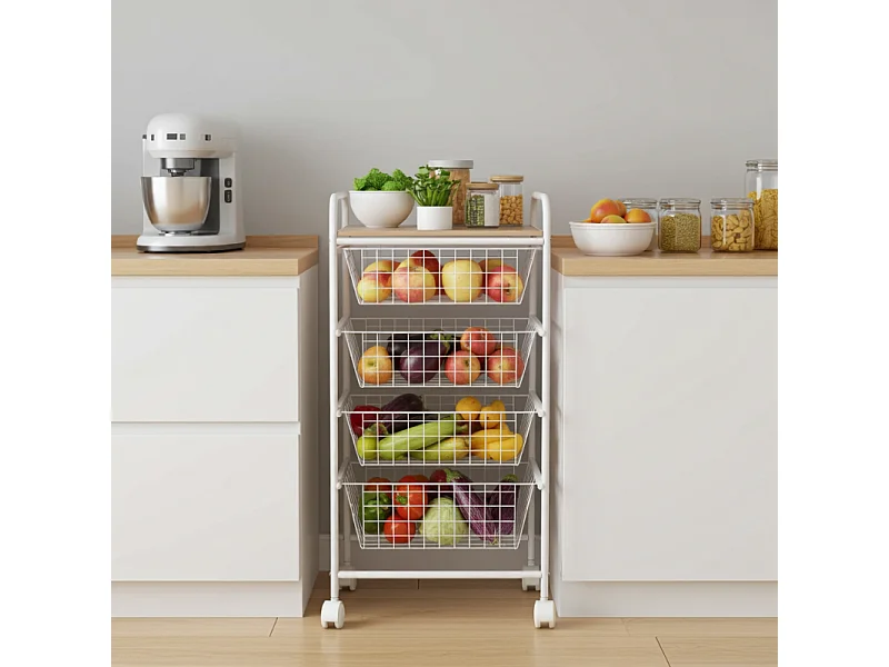 NORA Küchenwagen, 4 Körbe mit großem Fassungsvermögen, birkenfarbige Arbeitsplatte mit Lattenrost-Effekt