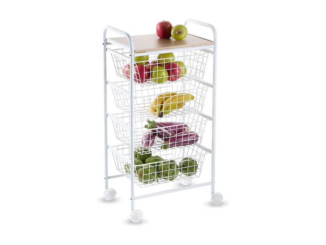 NORA Küchenwagen, 4 Körbe mit großem Fassungsvermögen, birkenfarbige Arbeitsplatte mit Lattenrost-Effekt