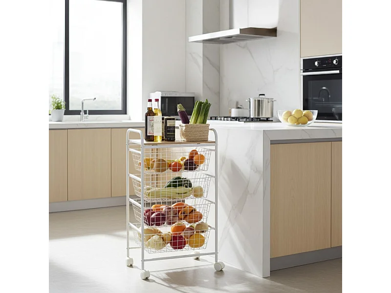 NORA Küchenwagen, 4 Körbe mit großem Fassungsvermögen, birkenfarbige Arbeitsplatte mit Lattenrost-Effekt