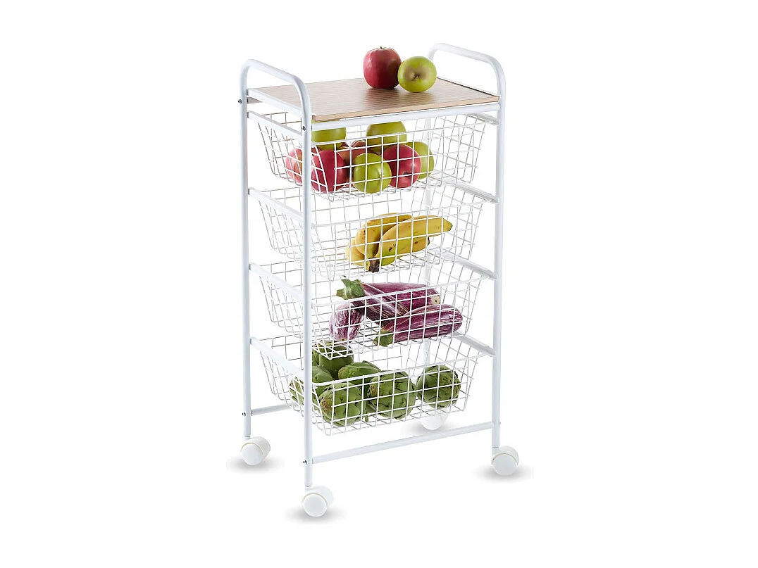 Desserte de cuisine, 4 paniers, Plan de travail couleur Bouleau texturé avec effet latté, NORA