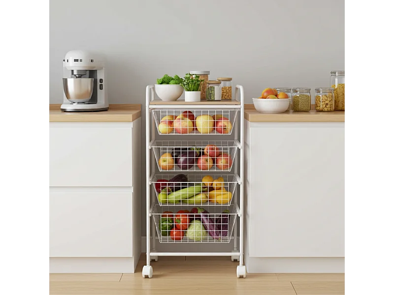 NORA Küchenwagen, 4 Körbe mit großem Fassungsvermögen, birkenfarbige Arbeitsplatte mit Lattenrost-Effekt