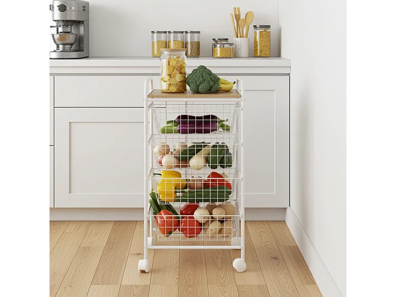 Desserte de cuisine, 4 paniers, Plan de travail couleur Bouleau texturé avec effet latté, NORA