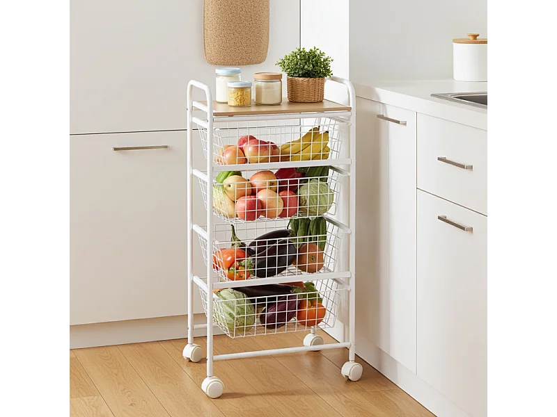 Desserte de cuisine, 4 paniers, Plan de travail couleur Bouleau texturé avec effet latté, NORA