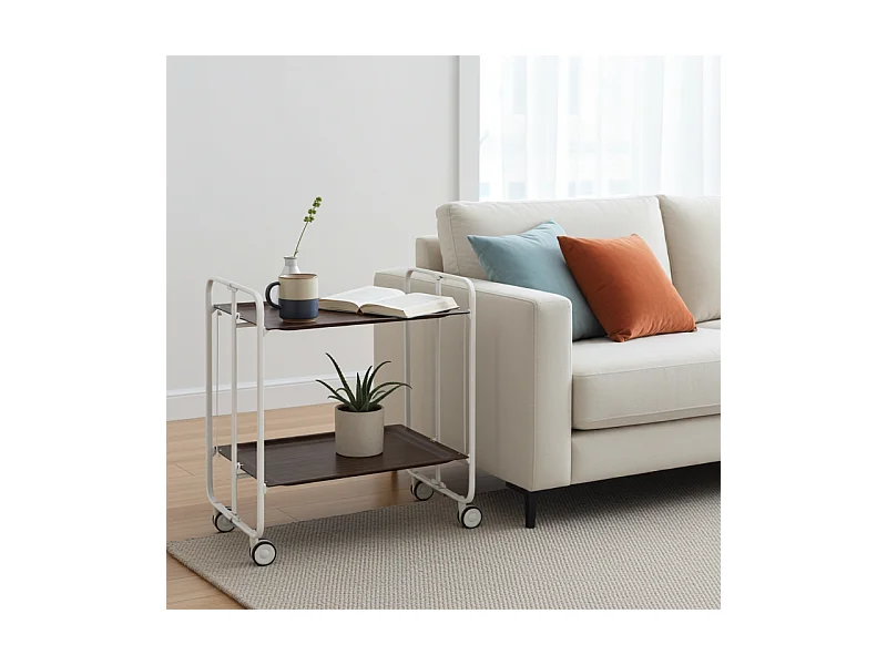 Desserte pliante BAUHAUS avec roulettes – Structure blanche, 2 niveaux, 4 positions