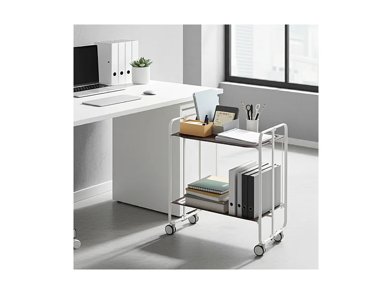 Desserte pliante BAUHAUS avec roulettes – Structure blanche, 2 niveaux, 4 positions