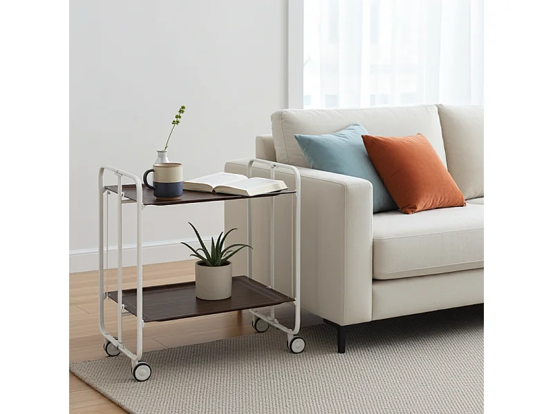 Desserte pliante BAUHAUS avec roulettes – Structure blanche, 2 niveaux, 4 positions