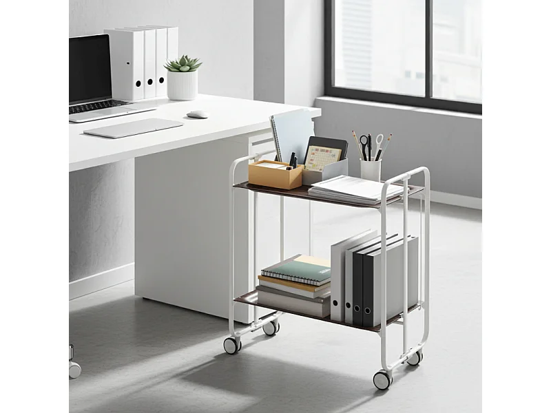 Desserte pliante BAUHAUS avec roulettes – Structure blanche, 2 niveaux, 4 positions