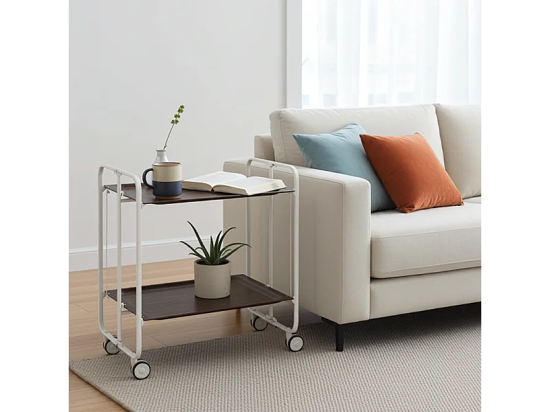 Desserte pliante BAUHAUS avec roulettes – Structure blanche, 2 niveaux, 4 positions
