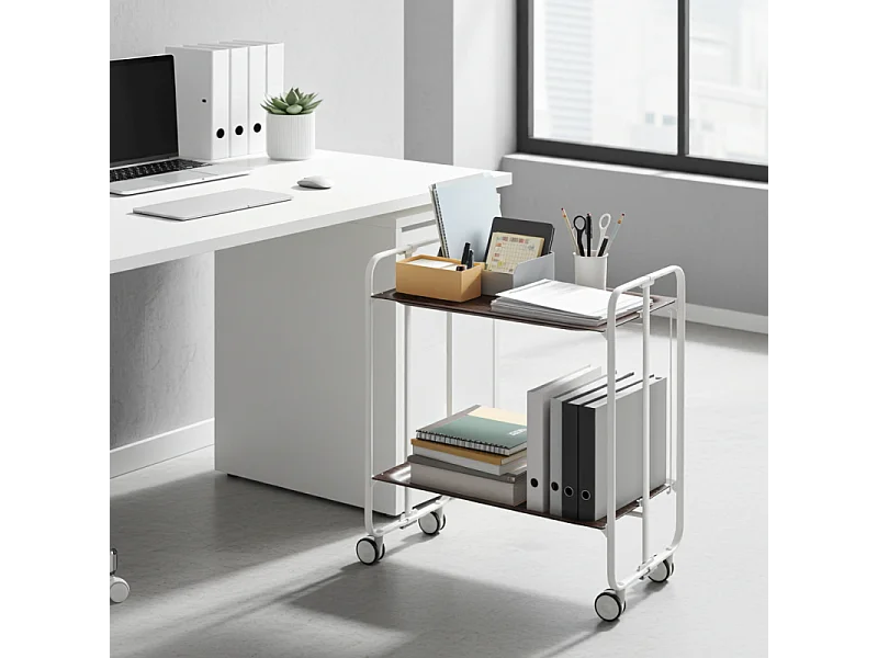 Desserte pliante BAUHAUS avec roulettes – Structure blanche, 2 niveaux, 4 positions