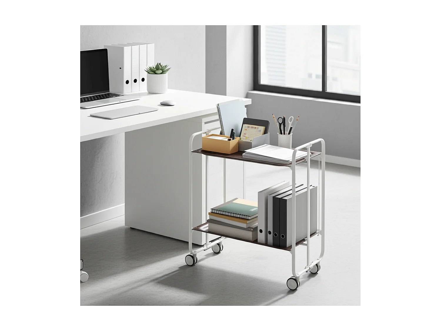 DON HIERRO - Carrito auxiliar plegable BAUHAUS con ruedas - Armazón metálico blanco, 2 niveles y 4 posiciones ajustables-Wengue