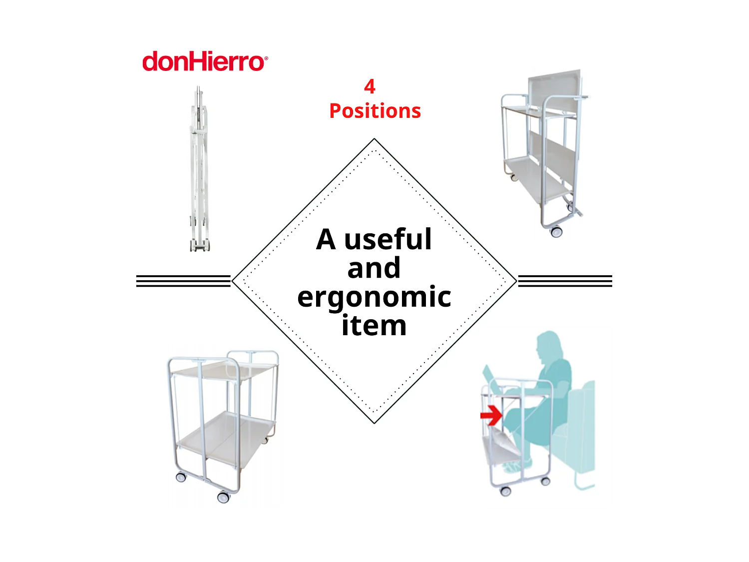 DON HIERRO - Carrito auxiliar plegable BAUHAUS con ruedas - Armazón metálico blanco, 2 niveles y 4 posiciones ajustables-Wengue