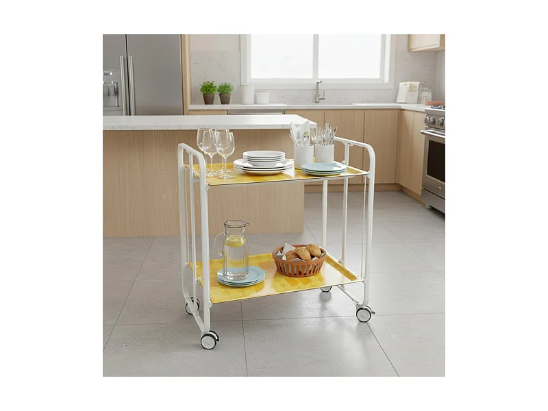 Desserte pliante BAUHAUS avec roulettes – Structure blanche, 2 niveaux, 4 positions