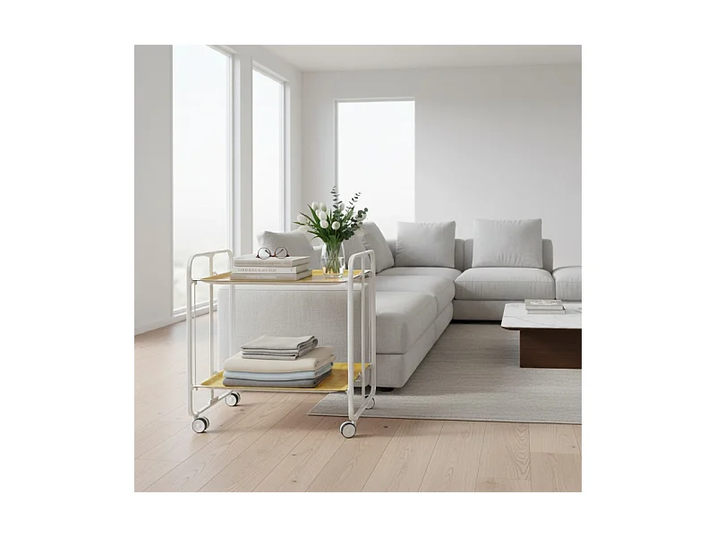 Desserte pliante BAUHAUS avec roulettes – Structure blanche, 2 niveaux, 4 positions