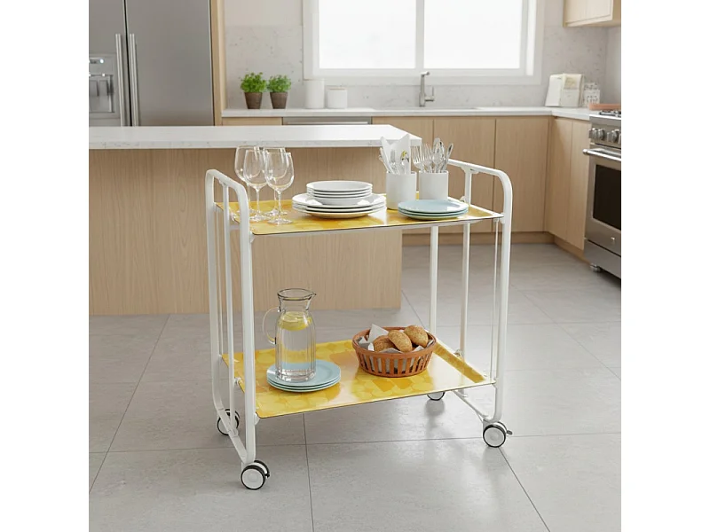 Desserte pliante BAUHAUS avec roulettes – Structure blanche, 2 niveaux, 4 positions