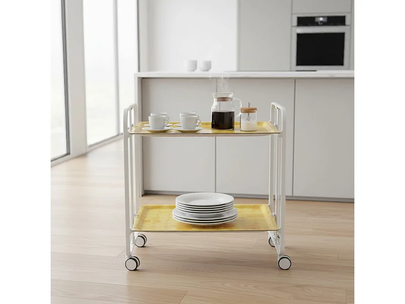 Desserte pliante BAUHAUS avec roulettes – Structure blanche, 2 niveaux, 4 positions