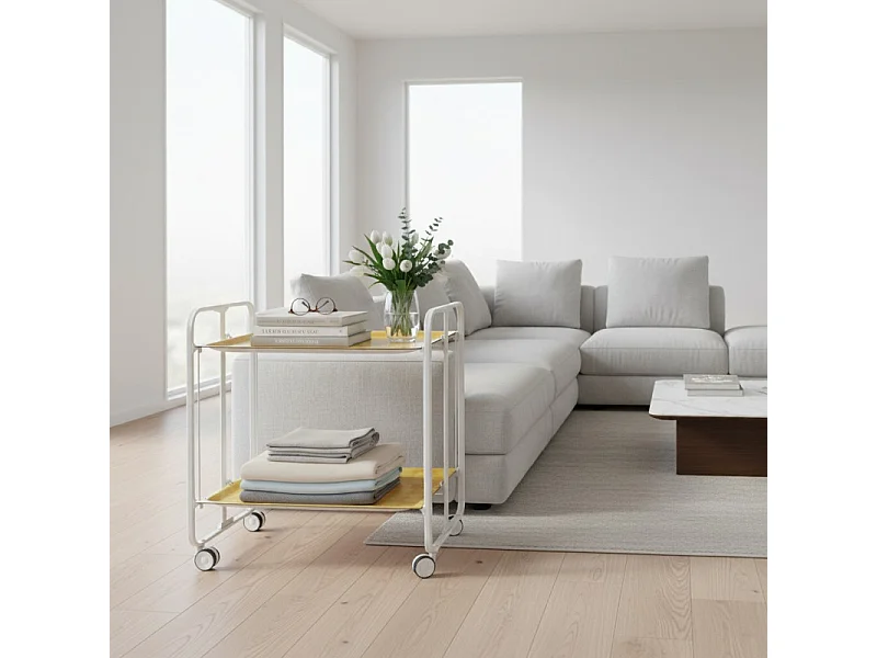 Desserte pliante BAUHAUS avec roulettes – Structure blanche, 2 niveaux, 4 positions