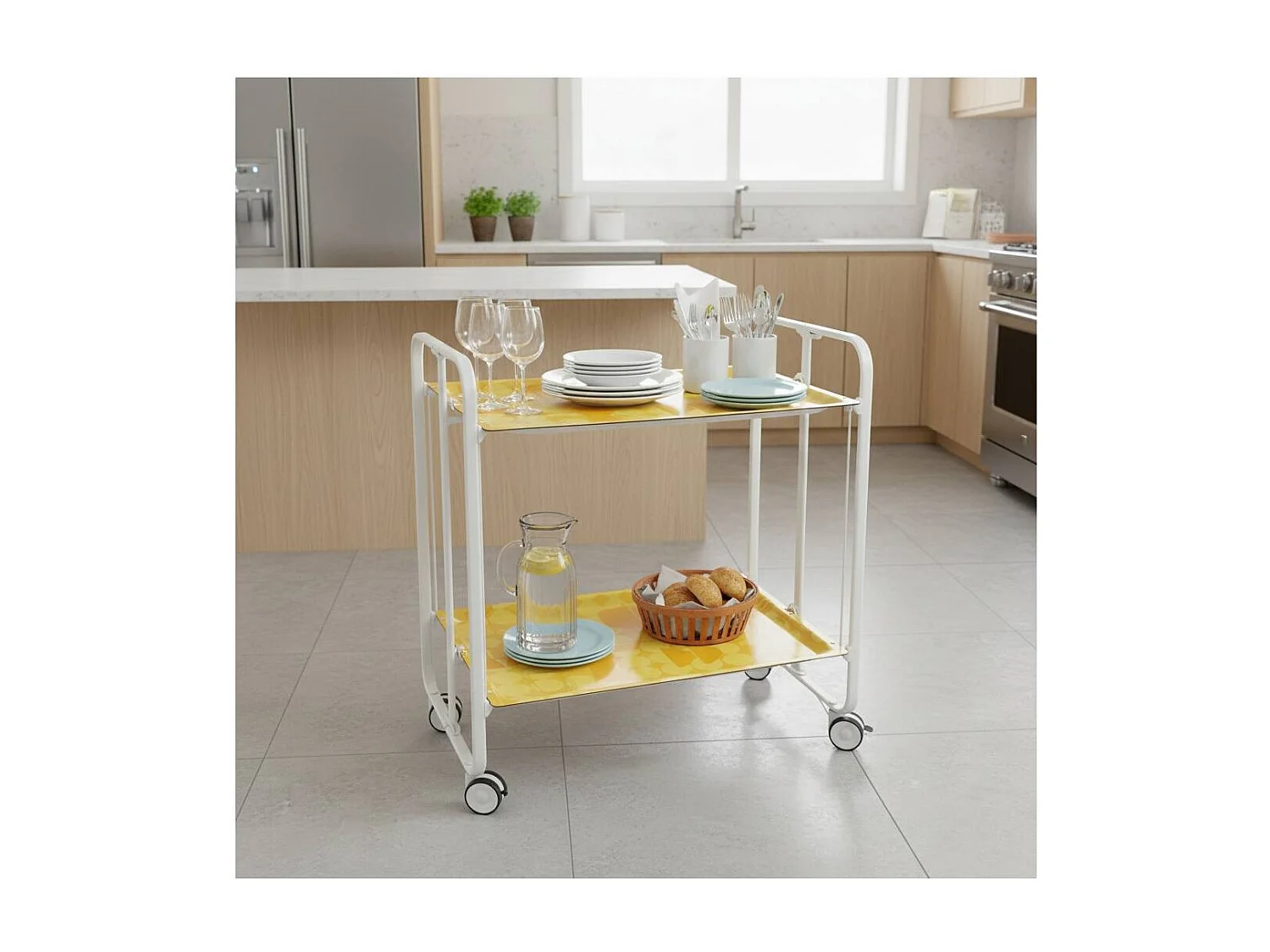 Klappbarer Servierwagen BAUHAUS mit Rollen – Metallgestell weiß, 2 Ebenen, 4 Positionen