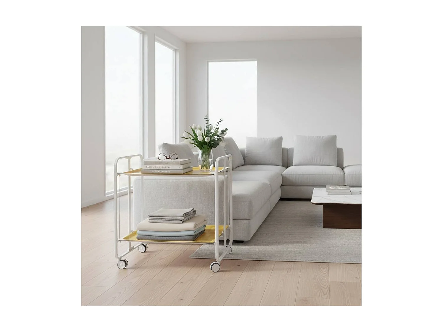 Klappbarer Servierwagen BAUHAUS mit Rollen – Metallgestell weiß, 2 Ebenen, 4 Positionen