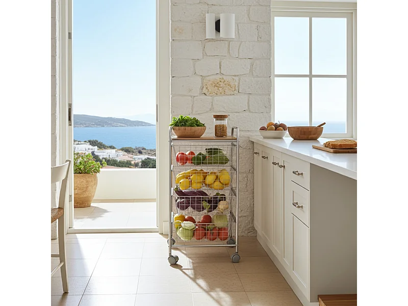 DON HIERRO - Carrito de cocina NORA, 4 cestas de gran capacidad, Encimera color Abedul efecto alistonado-Gris