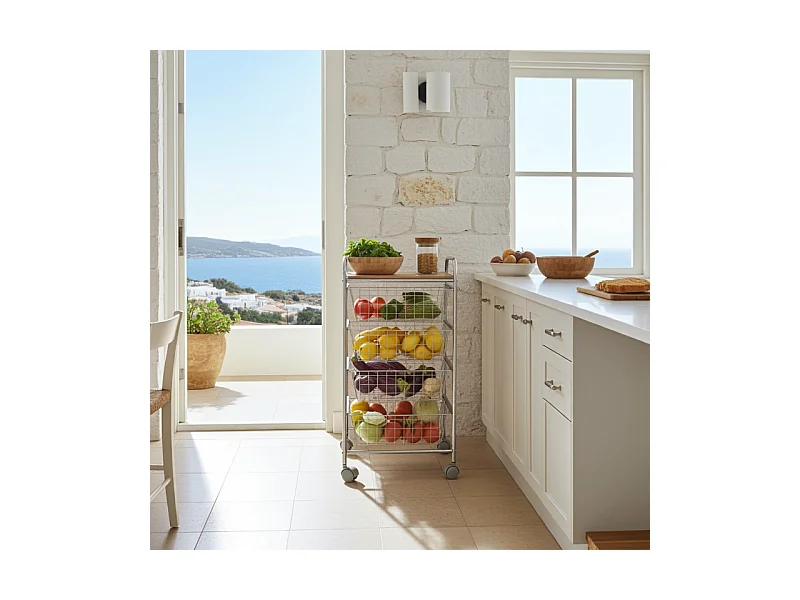 NORA Küchenwagen, 4 Körbe mit großem Fassungsvermögen, birkenfarbige Arbeitsplatte mit Lattenrost-Effekt