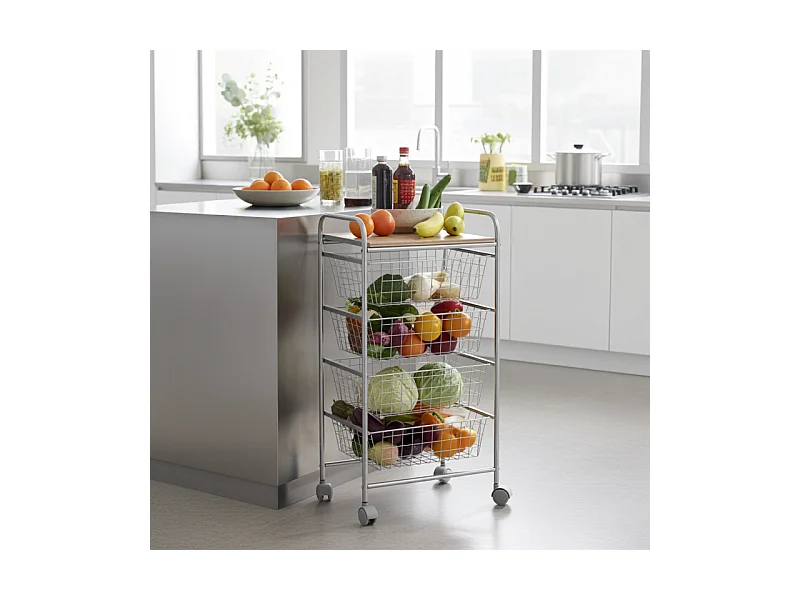 NORA Küchenwagen, 4 Körbe mit großem Fassungsvermögen, birkenfarbige Arbeitsplatte mit Lattenrost-Effekt