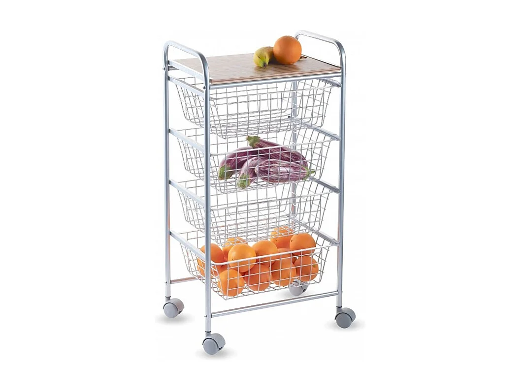 NORA Küchenwagen, 4 Körbe mit großem Fassungsvermögen, birkenfarbige Arbeitsplatte mit Lattenrost-Effekt