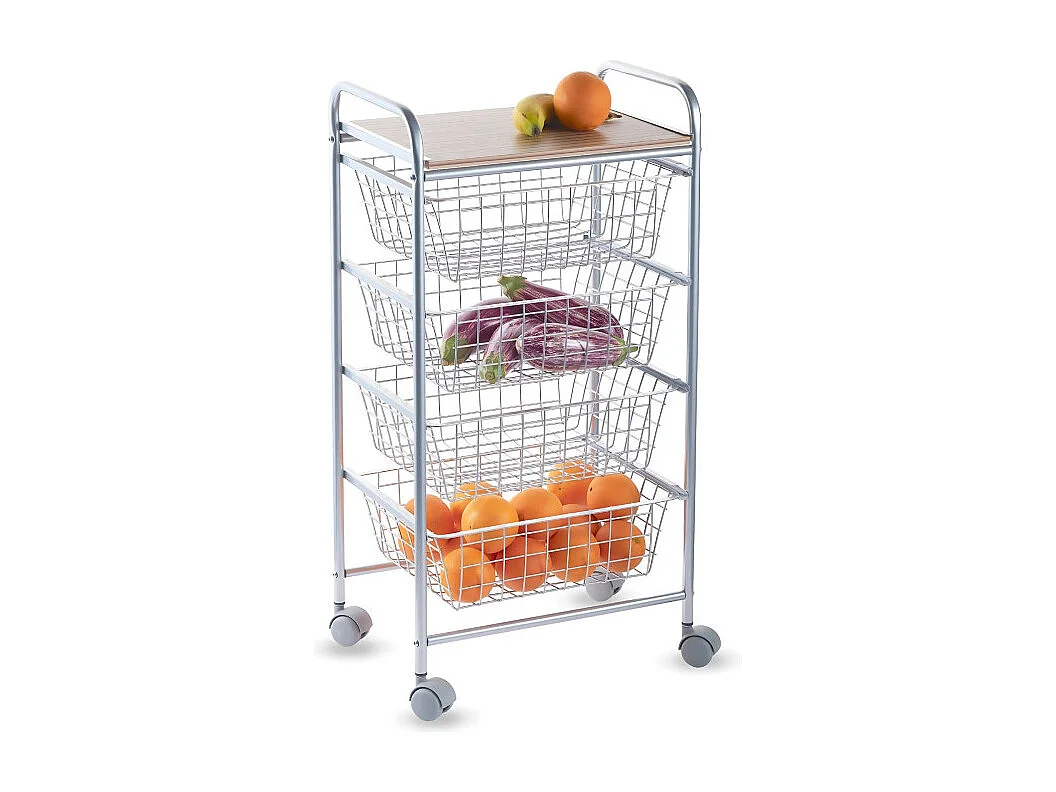 Desserte de cuisine, 4 paniers, Plan de travail couleur Bouleau texturé avec effet latté, NORA