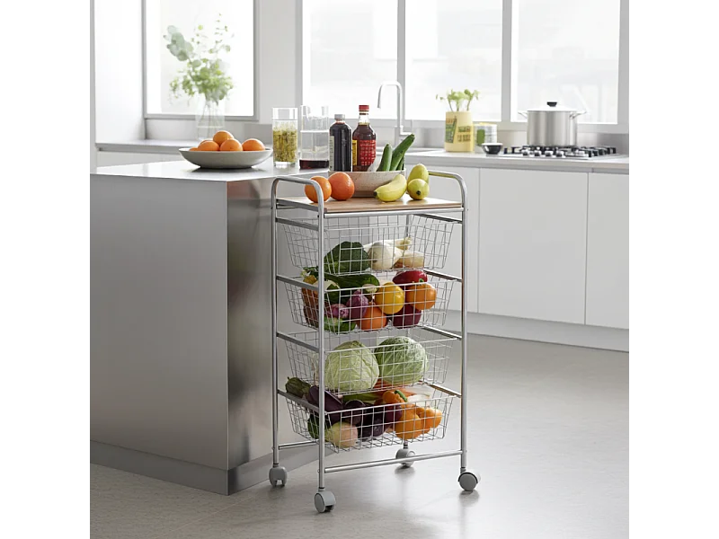 Desserte de cuisine, 4 paniers, Plan de travail couleur Bouleau texturé avec effet latté, NORA