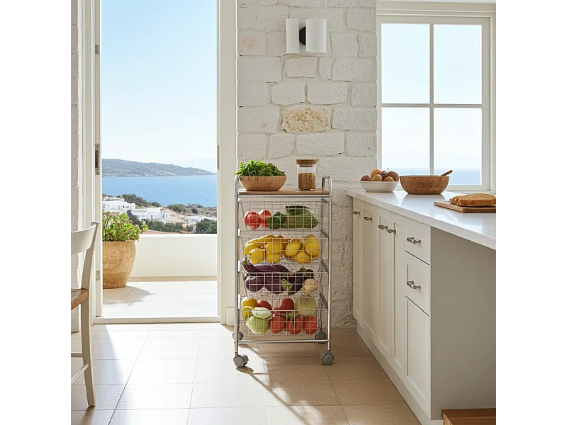 Desserte de cuisine, 4 paniers, Plan de travail couleur Bouleau texturé avec effet latté, NORA
