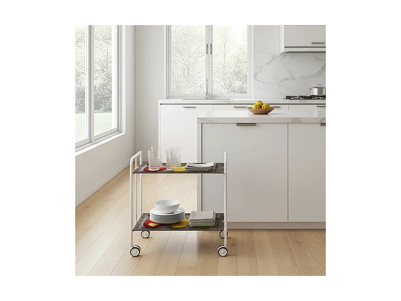 Desserte pliante BAUHAUS avec roulettes – Structure blanche, 2 niveaux, 4 positions