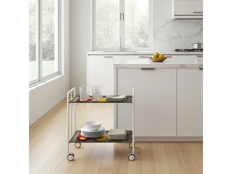 Klappbarer Servierwagen BAUHAUS mit Rollen – Metallgestell weiß, 2 Ebenen, 4 Positionen