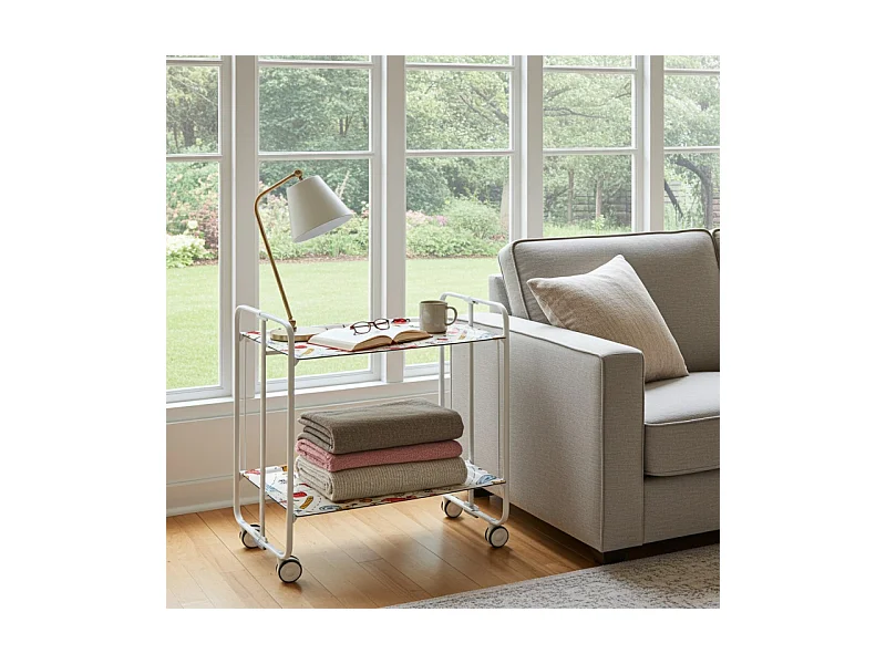 Desserte pliante BAUHAUS avec roulettes – Structure blanche, 2 niveaux, 4 positions