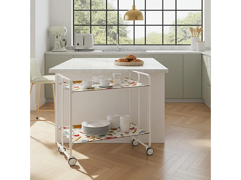 Klappbarer Servierwagen BAUHAUS mit Rollen – Metallgestell weiß, 2 Ebenen, 4 Positionen