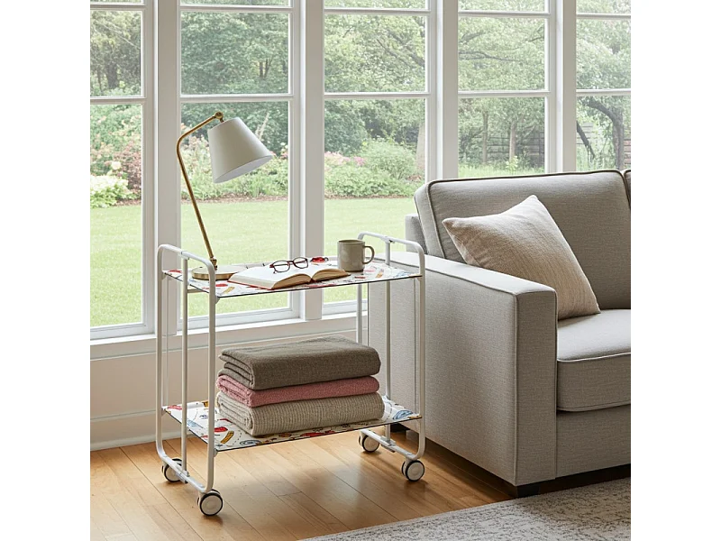 Klappbarer Servierwagen BAUHAUS mit Rollen – Metallgestell weiß, 2 Ebenen, 4 Positionen